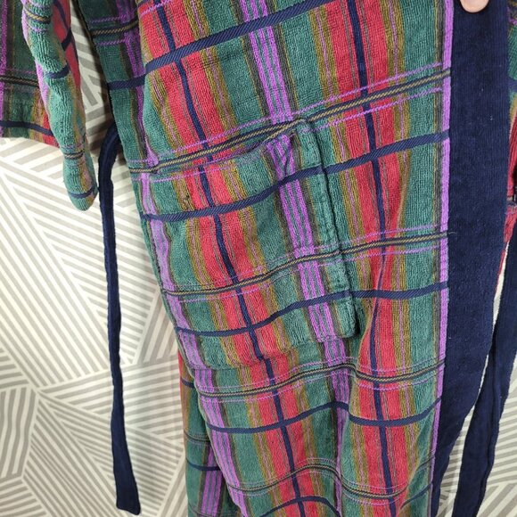 Vintage Sears Terry Cloth Robe Men One Size Medium Large XL Plaid Teal Purple - Picture 6 of 8